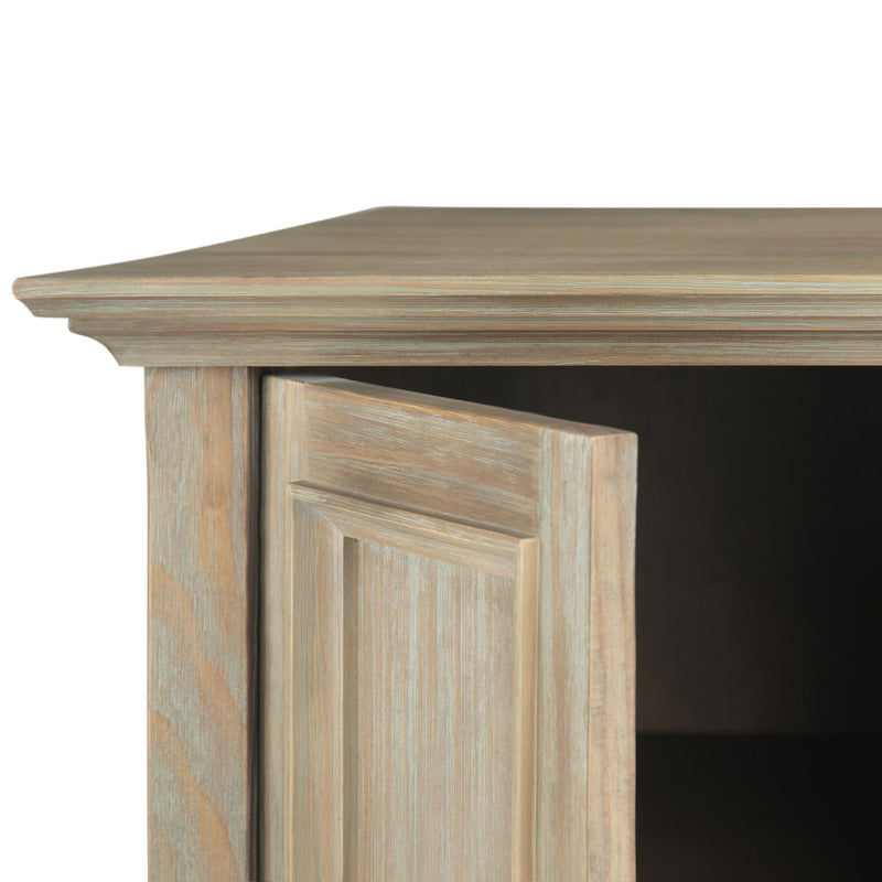 Simpli-Home Amherst wide TV media stand with open shelving and storage cabinets, modern wooden furniture for entertainment setups.