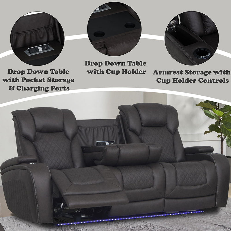 Wendell - Power Motion Sofa With Dropdown Table, Storage, USB & LED - Dark Gray - R&R Furniture Gallery (Fountain Valley, CA)