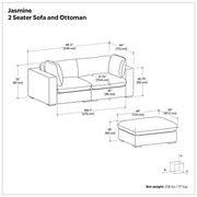 Simpli-Home Jasmine handcrafted 2-piece sofa and ottoman living room set with plush cushions and modern design.