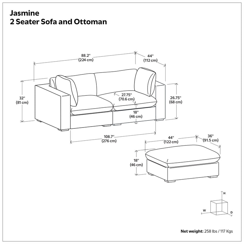 Simpli-Home Jasmine handcrafted 2-piece sofa and ottoman living room set with plush cushions and modern design.
