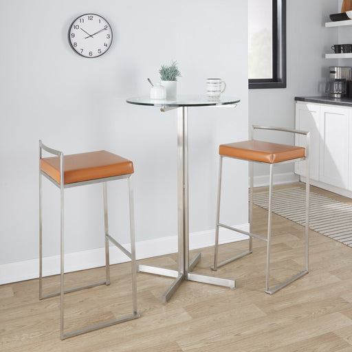 Lumi Source Fuji contemporary stackable barstool set with sleek modern design and wooden legs, perfect for kitchen or bar area.