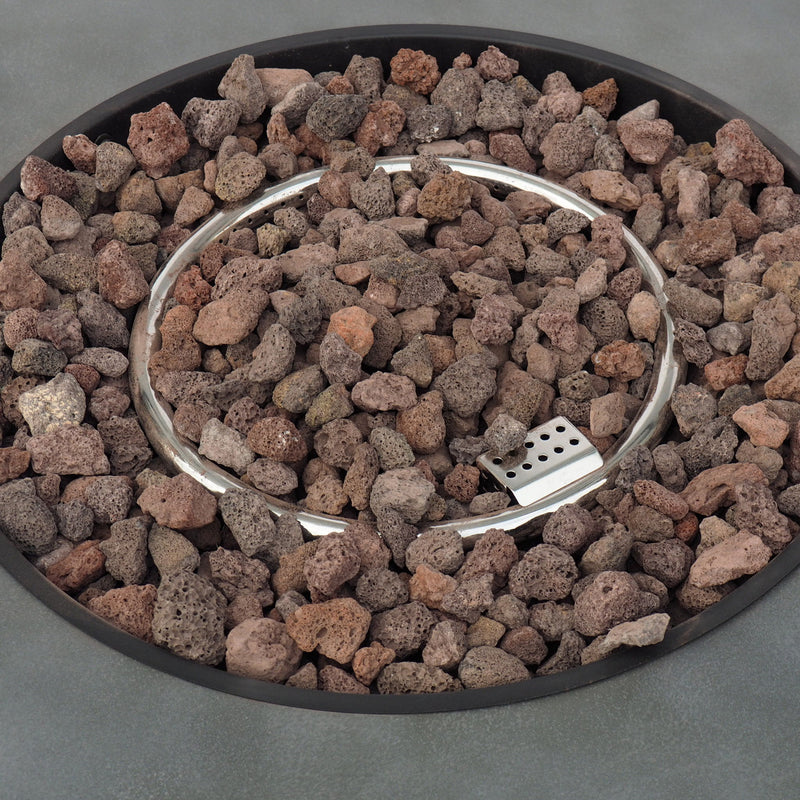 Round Noble House iron fire pit with 40,000 Btu, featuring a sturdy metal design and a spacious top for outdoor warmth and ambiance.