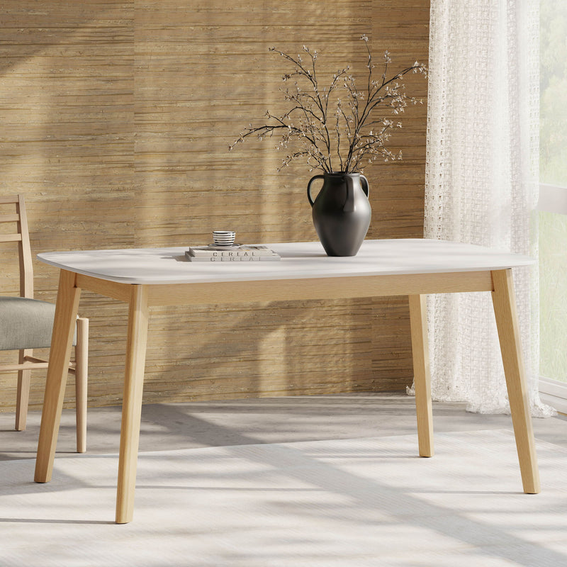 Dining Table With Splayed Rubberwood Legs & Faux Wood Tabletop, Mid Century Modern - White Oak - R&R Furniture Gallery (Fountain Valley, CA)