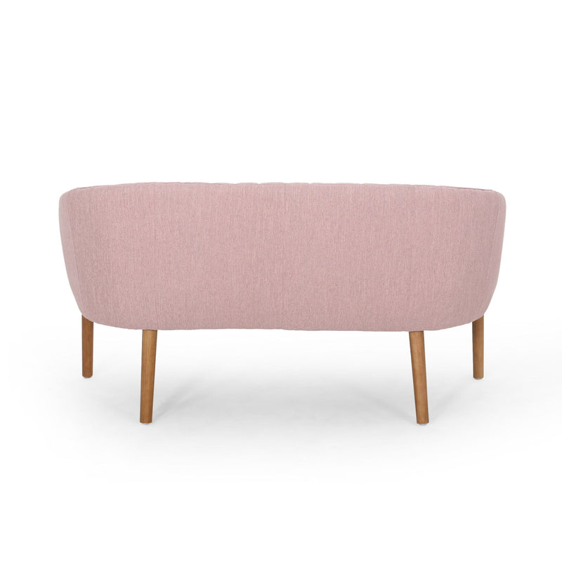 Noble House mid-century modern loveseat with channel-stitched backrest and sleek armrests, stationary design in a stylish living room setting.