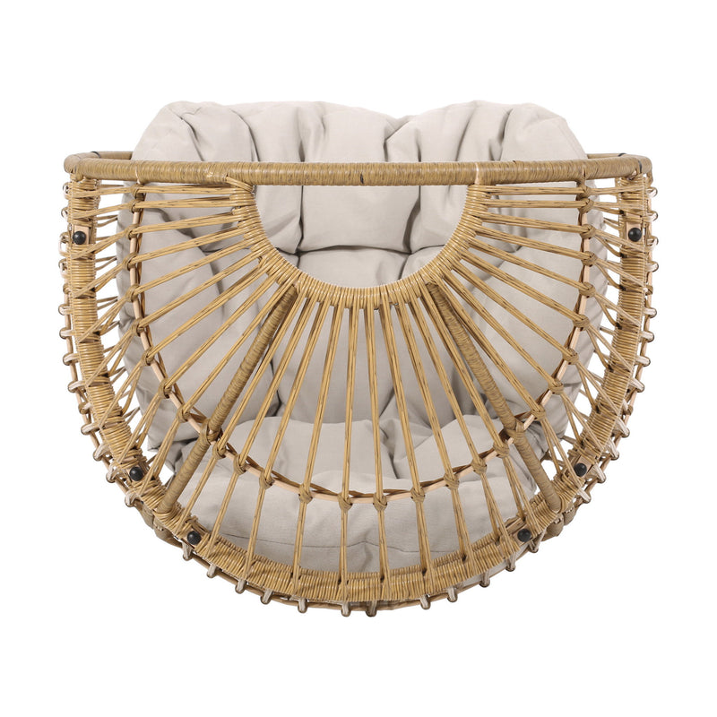 Noble House patio swivel basket egg chair with cushion, outdoor accent chair featuring a woven basket design and plush seating.