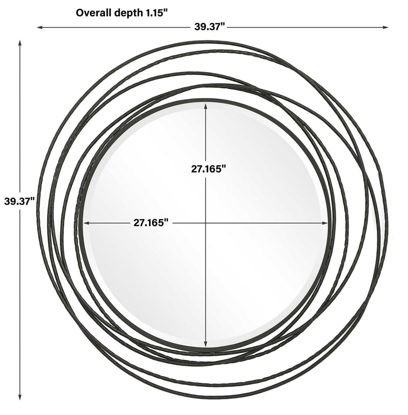 Uttermost Whirlwind round wall mirror with a sleek, modern frame hanging on a wall.
