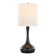 Pair of Lumi Source Genie contemporary table lamps with matte black bases and oatmeal fabric shades, modern lighting for living space.