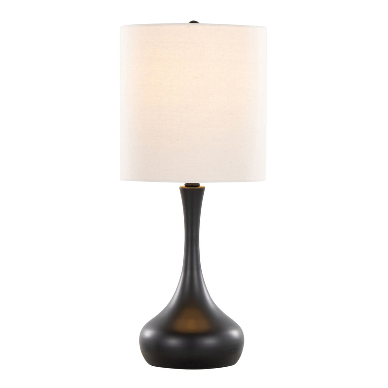Pair of Lumi Source Genie contemporary table lamps with matte black bases and oatmeal fabric shades, modern lighting for living space.