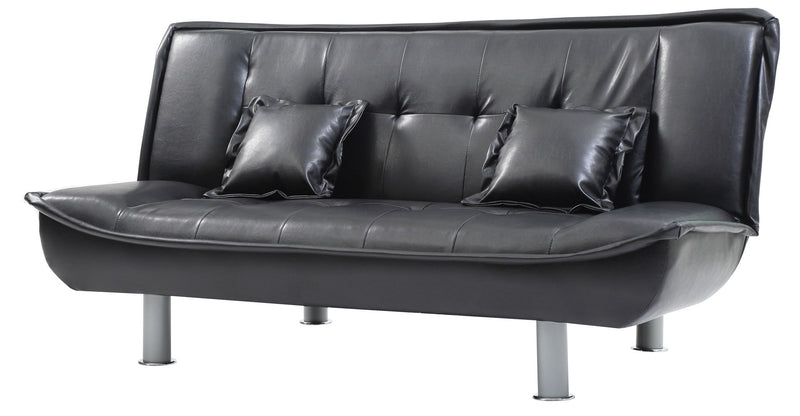 Glory Furniture Lionel sofa bed futon sofa shown in a modern living room with neutral-colored upholstery and wooden legs.