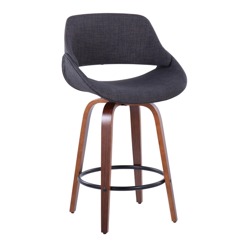 Lumi Source Fabrico mid-century modern fixed height counter stool set with round footrests, showcasing sleek wood legs and upholstered seats.