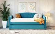 DreamHaus upholstered daybed sofa bed with trundle and wood slat, showing the plush fabric, wooden frame, and tucked-away trundle bed.