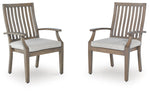 Set of two brown and beige Rainier Ranch arm chairs with cushions by Signature Design Ashley, showcasing stylish and comfortable seating.