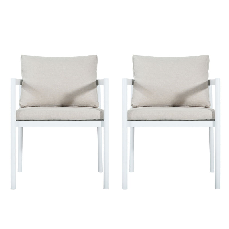 Set of two Noble House all-weather outdoor dining chairs with armrests and woven rattan design on a patio.