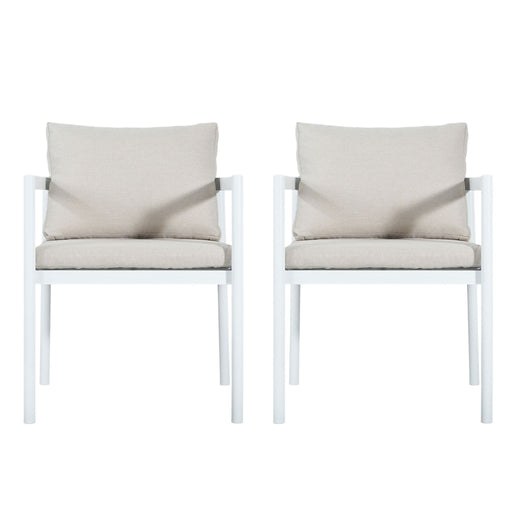 Set of two Noble House all-weather outdoor dining chairs with armrests and woven rattan design on a patio.