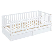 DreamHaus storage daybed with fence guardrails, two drawers, and split design for independent floor bed and daybed setup.