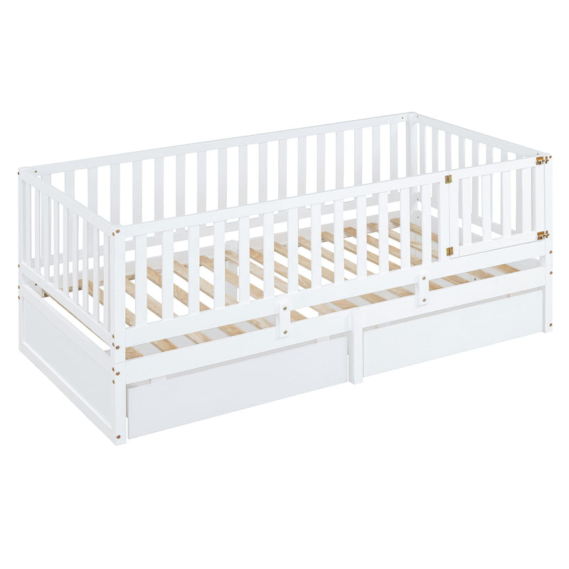 DreamHaus storage daybed with fence guardrails, two drawers, and split design for independent floor bed and daybed setup.