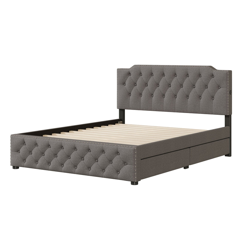 Upholstered Platform Bed With 2 Drawers And 2 Sets Of USB Ports On Each Side, Fabric - R&R Furniture Gallery (Fountain Valley, CA)