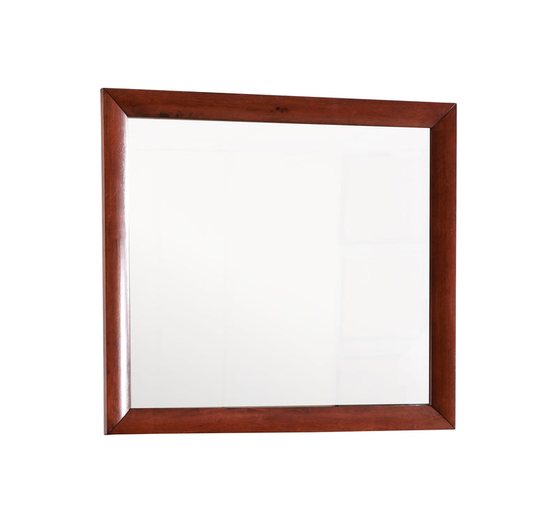 Glory Furniture Marilla mirror with sleek, modern frame, hanging on a wall in a contemporary interior setting.
