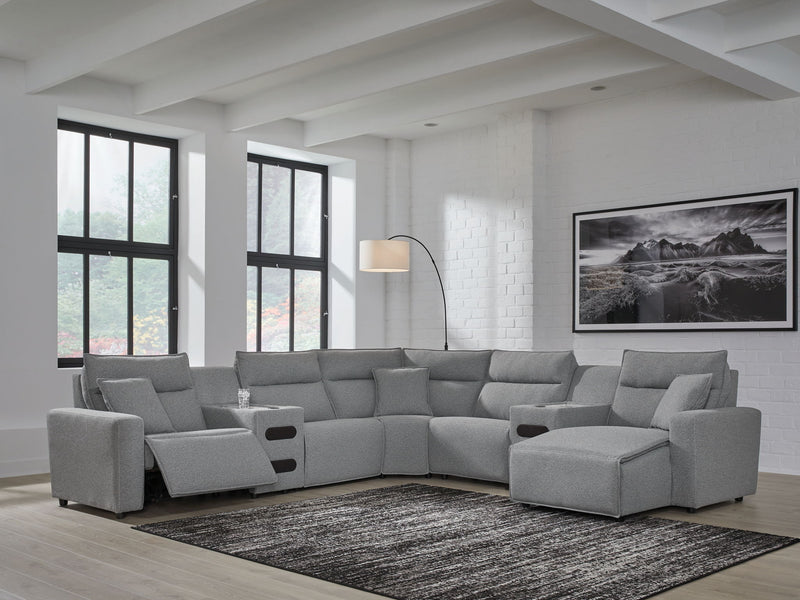 Signature Design by Ashley Modmax II reclining sectional in salt and pepper fabric, showing plush cushions and reclining features