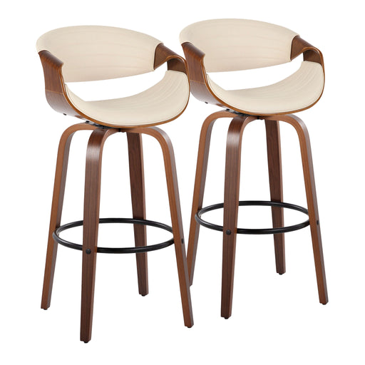 Lumi Source Symphony mid-century modern fixed height barstool set with swivel and round footrest, shown in a stylish indoor setting
