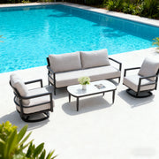 Life Outside 4-piece outdoor conversation set with chairs, bench sofa, tables, and Sunbrella cushions in a cozy outdoor patio scene.