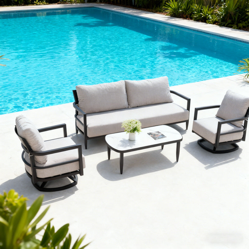 Life Outside 4-piece outdoor conversation set with chairs, bench sofa, tables, and Sunbrella cushions in a cozy outdoor patio scene.