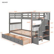 DreamHaus stairway bunk bed with built-in storage drawers, guard rails, and sturdy wood frame in a modern bedroom setting.