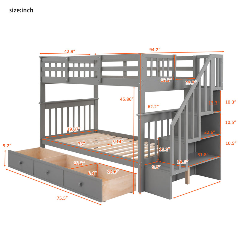 DreamHaus stairway bunk bed with built-in storage drawers, guard rails, and sturdy wood frame in a modern bedroom setting.