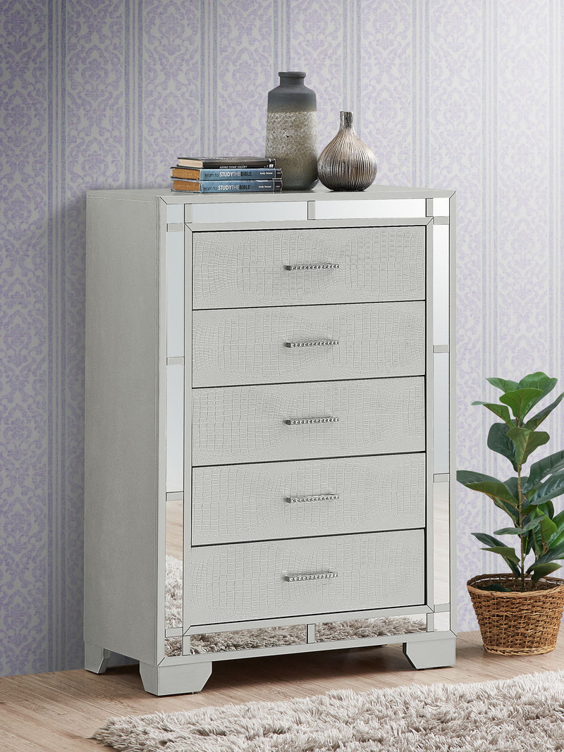 Glory Furniture Madison Silver Champagne accent chest with elegant design and storage drawers, ideal for living or bedroom decor.