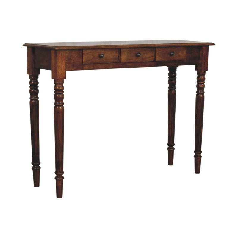 Artisan Furniture turned legs drawer console table with a smooth wooden surface and elegant curved turned legs.