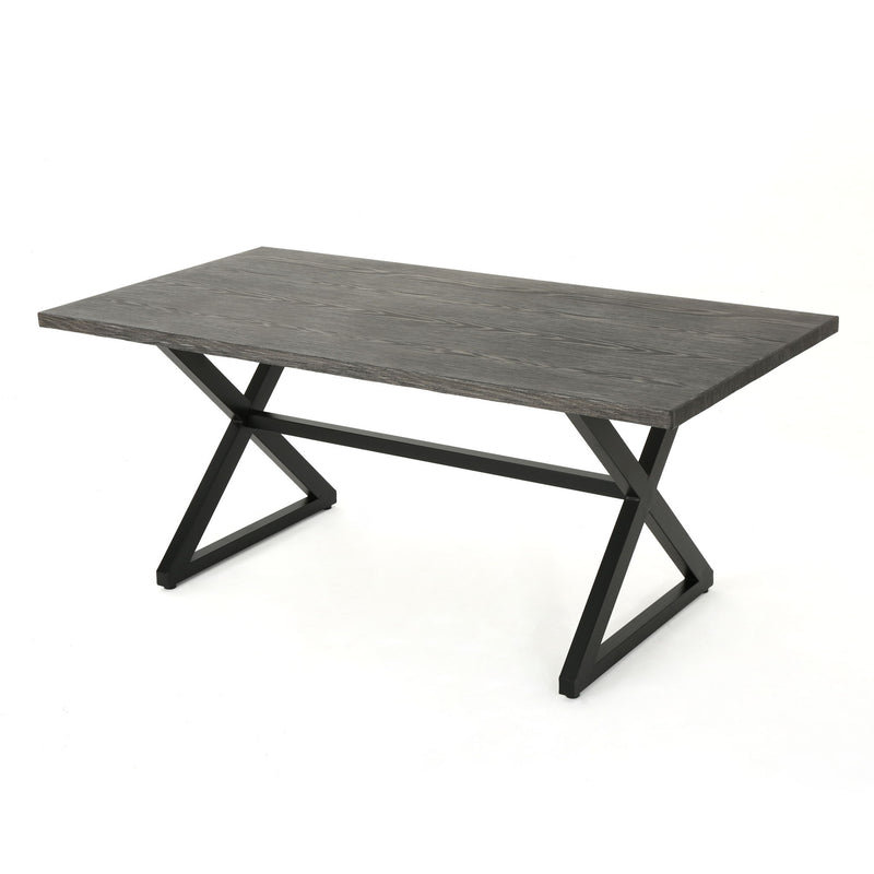 Noble House Rolando outdoor aluminum dining table with steel frame, featuring a sleek rectangular design for outdoor dining spaces.