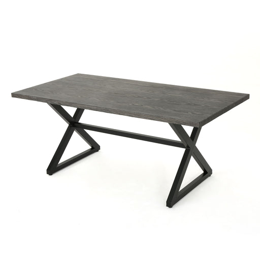 Noble House Rolando outdoor aluminum dining table with steel frame, featuring a sleek rectangular design for outdoor dining spaces.