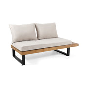 Sebastian 4-piece outdoor sofa set by Noble House with beige cushions and teak frames, water-resistant fabric, and plush seating.
