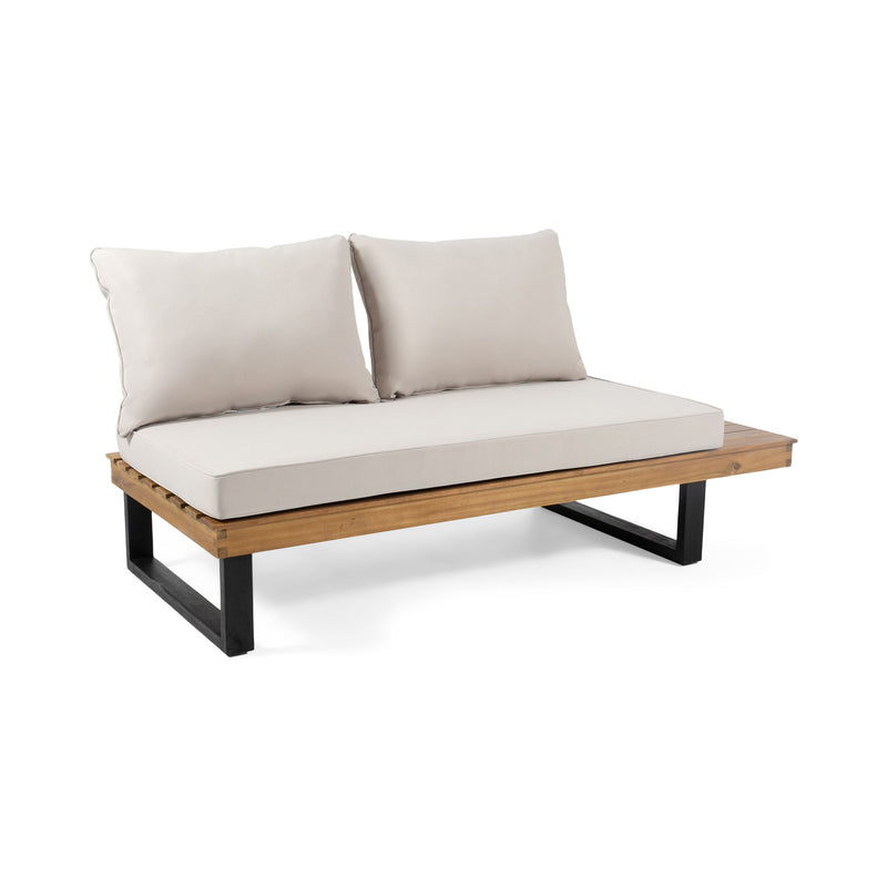 Sebastian 4-piece outdoor sofa set by Noble House with beige cushions and teak frames, water-resistant fabric, and plush seating.