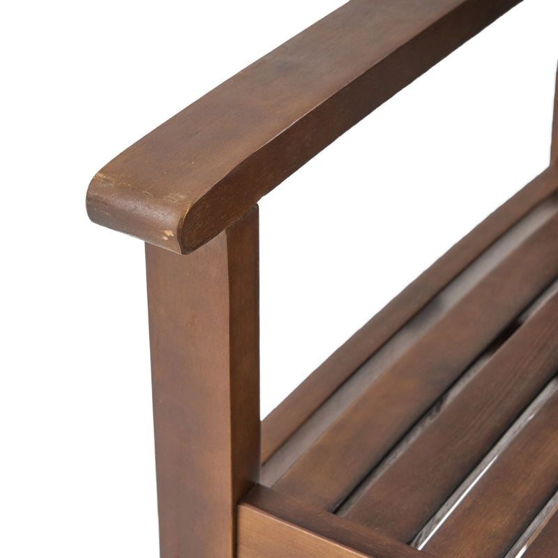 Pair of Wilson rustic dining chairs by Noble House in dark brown acacia wood with slat panel design, set of two.