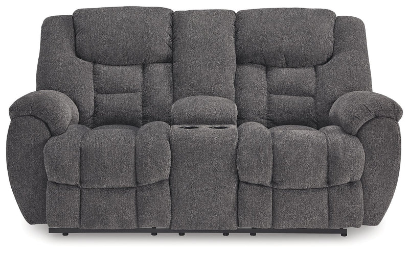 Foreside - Dbl Reclining Loveseat with Console - Charcoal - R&R Furniture Gallery (Fountain Valley, CA)