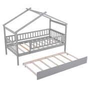 DreamHaus Creativity House Bed with twin size trundle, featuring playful house design and sturdy wooden construction.