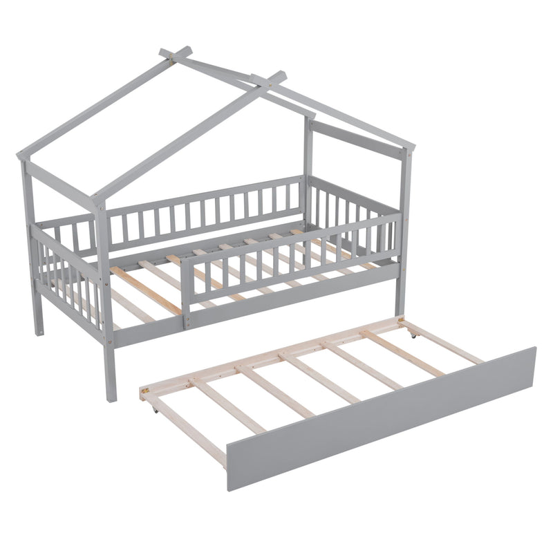 DreamHaus Creativity House Bed with twin size trundle, featuring playful house design and sturdy wooden construction.