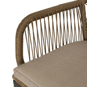 Noble House modern wicker dining club arm chair with water-resistant beige cushions and brown wicker frame.