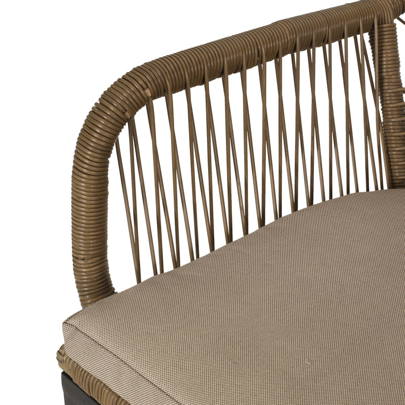 Noble House modern wicker dining club arm chair with water-resistant beige cushions and brown wicker frame.