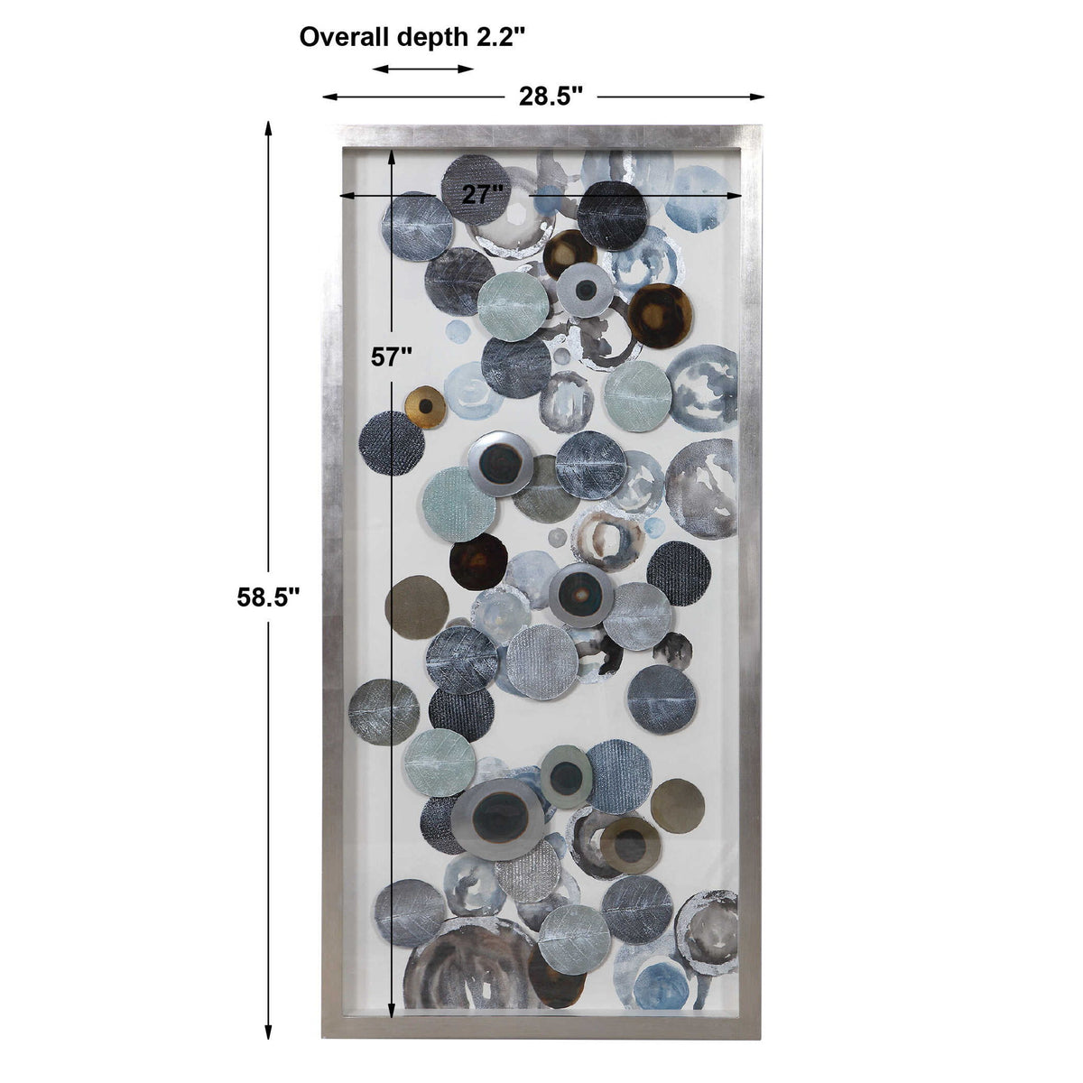 Uttermost Kella modern blue shadow box wall decor with layered geometric design hanging on a neutral wall.