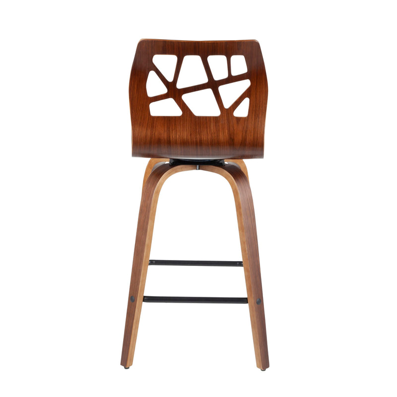 Lumi Source Folia mid-century modern counter stool set with swivel seats, fixed height, and stylish wooden legs.