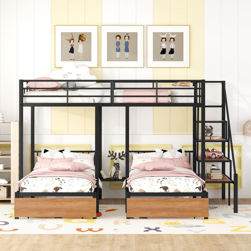 Full Over Twin-Twin Triple Bunk Bed With Drawers And Staircase - Black - R&R Furniture Gallery (Fountain Valley, CA)