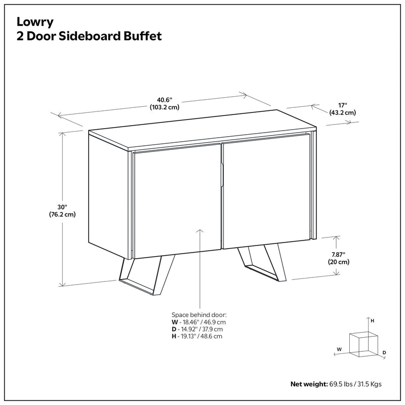 Simpli-Home Lowry 2-door brown sideboard buffet with sleek wooden finish and modern design, featuring two spacious doors.