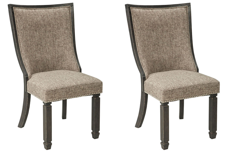 Pair of Tyler Creek dining side chairs by Signature Design Ashley with framed backs, black and grayish brown upholstery, set of two
