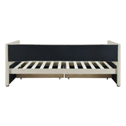 Halcyon Home storage daybed with two drawers and wood slat base, showcasing a sleek, modern design in a cozy bedroom setting.