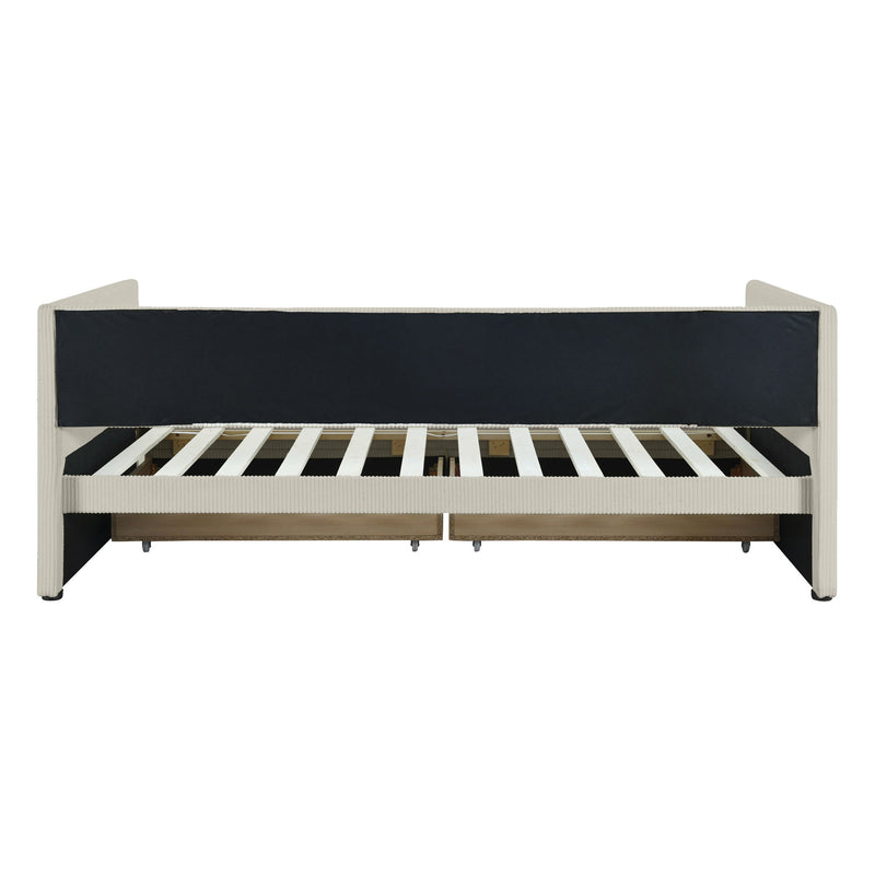 Halcyon Home storage daybed with two drawers and wood slat base, showcasing a sleek, modern design in a cozy bedroom setting.