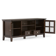 Simpli-Home Acadian TV media stand with open shelves and storage cabinets, modern wood finish for living room entertainment.