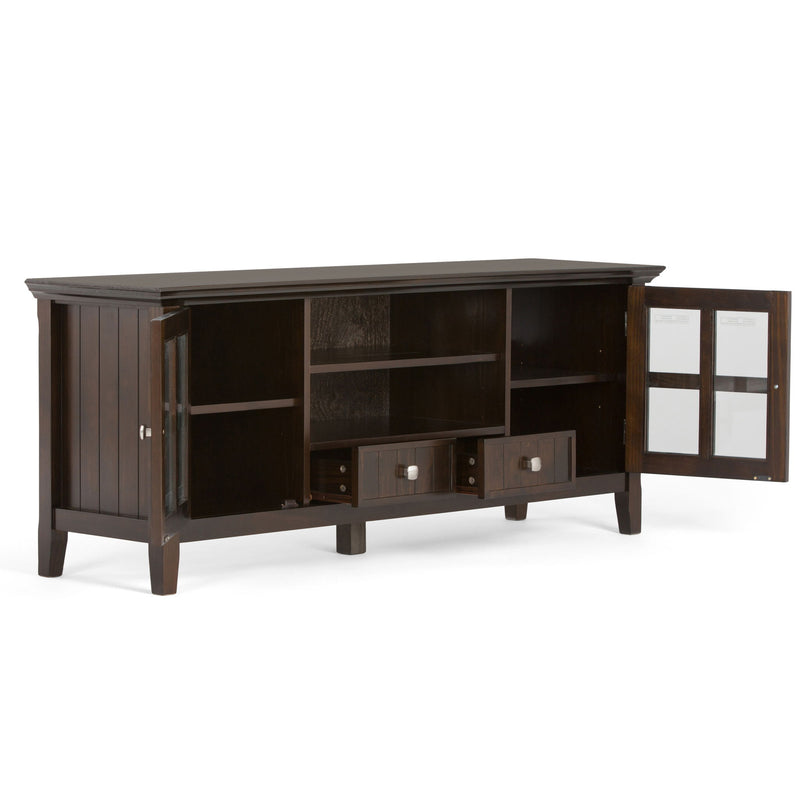 Simpli-Home Acadian TV media stand with open shelves and storage cabinets, modern wood finish for living room entertainment.
