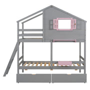 DreamHaus bunk bed with playhouse roof, window, and safety guardrails, featuring a sturdy wooden frame and playful design.